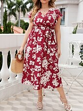 tanie Eleganckie sukienki kwiatowe-Damskie Długa sukienka sukienka maxi Codzienne sukienki Sukienka A line Sukienka w kwiatki Letnie sukienki Elegancja Elegancki Urlop Codzienny Randka Regularny Kwiaty Bez rękawów W serek Czerwony Lato