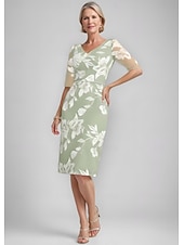 abordables Avec veste-Robe mère de la mariée deux pièces robe fourreau  colonne élégante vintage col en V longueur thé chiffon dentelle florale appliquée à manches 3/4 avec veste ruchée robe de jour de course