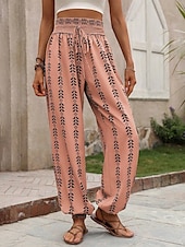 baratos perna larga e cintura alta-Mulheres chinês Calçolas Moda Roupa de rua Comprimento total Cintura Alta Geométrica Cintura elástica Estampado Confortável Macio Micro-Elástica Ao ar livre Rua Azul Laranja Verão Primavera Normal