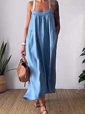 preiswerte Kleider-Damen Maxikleid Baumwoll-Leinen-Kleider Freizeitkleid Basic Lässig Urlaub Täglich Normale Passform Einfach Ärmellos U-Ausschnitt Schwarz Weiß Blau Khaki Sommer