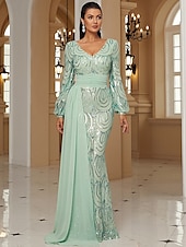 baratos VERDE-Vestido de Noiva Sereia  Trompete Vestido Elegante Formal Comprimento Total Manga Longa Decote V Bordado com Franjas de Brilho