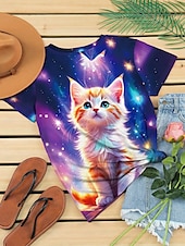 billige Dyrene tee-Dame T skjorte Katt Fritid Kortermet Rund hals Vanlige topper Daglig Trykt mønster Lilla Sommer