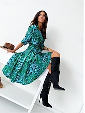 preiswerte Ausgefallene Kleider-Damen Midikleid Casual kleid Schaukelkleid A Linie Kleid Boho-Kleid Brautkleider schlicht Täglich Regular Fit Blumen Langarm V Ausschnitt Schwarz Gelb Rote Purpur Frühling Herbst