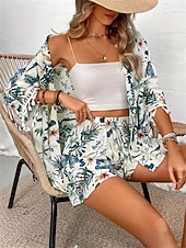 billiga Blazers och kostymer-Dam Kostymer Andningsfunktion Bekväm Tofs Mönster Ledigt Blommig Semester Gata Dagliga kläder Utekväll Öppen front Normal Kraglös Normal 3/4 ärm Ytterkläder Vit Sommar Vår
