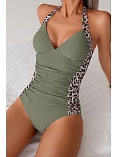 preiswerte Einteilige Badeanzüge-Damen Badeanzug Ein Stück Monokini Bademode Rückenfrei Bauchkontrolle Hohe Taillenlinie Schlank Urlaub Strandbekleidung Leopard Halfterhals Ärmellos Badeanzüge