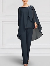 preiswerte Hosenanzüge für Mama-Zwei-Teile Jumpsuit  Hosenanzug Brautmutter Elegant Juwel-Ausschnitt Bodenlang Chiffon Langarm Wickel inklusive mit Spitzen-Rüschen Einfarbig