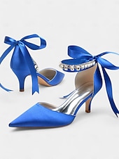 cheap Semi-Formal-Blue Satin Pointed-Kitten Heels with Rhinestone Ankle Strap and Bow Tie - Elegant Wedding or Evening Shoes