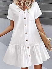 abordables Robes-Femmes Mini Robe Robes en coton et lin Élégant Basique Occasionnel Quotidien Coupe régulière Uni Manche Courte Col en V Blanche Jaune Été