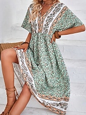 abordables Robes Bohémiennes-Femme robe longue Robe Trapèze Robe d&#039;été robe boheme Elégant Hawaïen mode Vacances du quotidien Rendez-vous Standard Floral Manche Courte Col V Vert Eté
