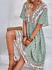 abordables Robes Bohémiennes-Femme robe longue Robe Trapèze Robe d&#039;été robe boheme Elégant Hawaïen mode Vacances du quotidien Rendez-vous Standard Floral Manche Courte Col V Vert Eté