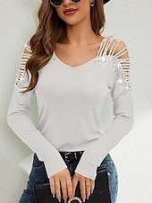 preiswerte Damen Einfache Oberteile-Damen Elegante Oberteile Elegant Langarm V Ausschnitt Normale Oberteile Schwarz Weiß Sommer Frühling