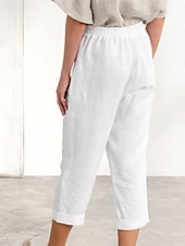 cheap Plain Cotton Linen Pant-Women&#039;s Cotton Linen Pants Chinos Fashion Streetwear Calf-Length High Waist Plain Pocket Elastic Waistband Comfy Soft Comfortable Micro-elastic Outdoor Street Navy-blue White Summer Spring Regular Fit