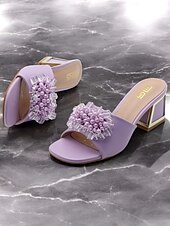 cheap Vacation Sandals-Women&#039;s Purple Slide Sandals with Pearl and Bead Embellishments – Fashionable Chunky Heel Mules for Casual Outings and Evening Events