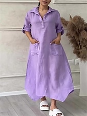 preiswerte bedruckte Kleider aus Baumwolle und Leinen-Damen Maxikleid Baumwoll-Leinen-Kleider Freizeitkleid Elegant Stilvoll Basic Urlaub Täglich Lässiger Schnitt Einfach Langarm Hemdkragen Schwarz Weiß Gelb Purpur Frühling Herbst