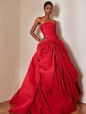 preiswerte ROT-Ballkleid A-Linie Abfall Taille Abendkleid Promistil Blumen Kleid Karneval Formal Watteau Zug Ärmellos Strapless Satin mit Rüschchen