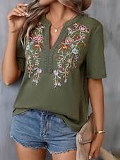 cheap Women&#039;s Graphic Tops-Women&#039;s Shirt Blouse Floral Stylish Casual Short Sleeve Notched Neck Regular Tops Daily Embroidered Army Green Navy Blue Summer