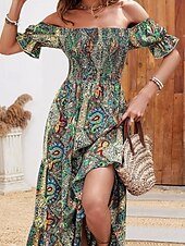 levne Boho šaty-Dámské Dlouhé šaty Maxi šaty Áčkové šaty Letní šaty Boho šaty Elegantní Čechy stylové Dovolená Denní Rande Běžný Grafika Krátký rukáv Pod rameny Oranžová Trávová zelená Tmavomodrá Léto