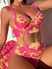 voordelige 3-delige bikiniset-Dames Zwemkleding Bikini 2 stuks Rok Zwempak Blote rug Slank Vakantie Strand Kleding Bloemig Halternek Mouwloos Badpakken