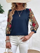 Damskie Koszula Bluzka Kwiaty Elegancki Codzienny Rękaw 3/4 Półgolf Zwykłe topy Codzienny Siateczka Haft Nadruk Czarny Granatowy Lato Wiosna tanie Eleganckie topy-Damskie Koszula Bluzka Kwiaty Elegancki Codzienny Rękaw 3/4 Półgolf Zwykłe topy Codzienny Siateczka Haft Nadruk Czarny Granatowy Lato Wiosna