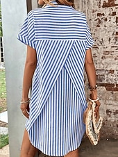 cheap Stripe&amp;Geometric Dress-Women's Midi Dress Shirt Dress Stylish Casual Vacation Daily Regular Fit Stripe Short Sleeve Shirt Collar Black Blue Summer