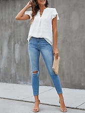 abordables Hauts Unis pour Femmes-Femme Chemise Chemisier Couleur unie mode Décontractées Manche Courte Col cranté Hauts réguliers du quotidien A Volants Blanche Beige Eté