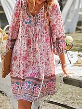 voordelige Boho-jurken-Dames Mini-jurk Casual jurk Boho chique jurken A lijn jurk Boho-jurk Bohemen leuke Style Stijlvol Vakantie Dagelijks Strand Ruim Passend Grafisch Halve mouw V-hals Blozend Roze Groen Zomer Lente