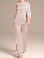preiswerte Hosenanzüge für Mama-Overall  Hosenanzug Brautmutter Elegant Einfach Minimalistisch Boot-Ausschnitt Bodenlänglich Satin 3/4 Länge Ärmel Wrap enthalten mit Einfarbig 2025