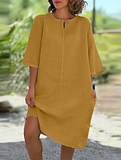 economico disegnare abiti in cotone e lino-Per donna Mini Abito Abiti in cotone e lino Vestito Casual Essenziale Casual Vacanza Quotidiano Vestibilità regolare Semplice Manica 3/4 Girocollo Giallo Vino Grigio Azzurro Estate