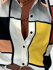 olcso Női csíkos és geometriai felsők-Womens ing Geometriai Napi Stílusos Hosszú Ujjú Ing Gallér Hosszú Felsők Munka Napi Gombok Nyomtatás Piros Lila Nyár Tavasz