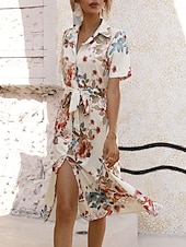 voordelige Casual bloemenjurken-Dames Halflange jurk Casual jurk Elegant Stijlvol Casual Vakantie Dagelijks Normale pasvorm Bloemig Korte mouw Overhemdkraag Abrikoos Licht Blauw Zomer Lente