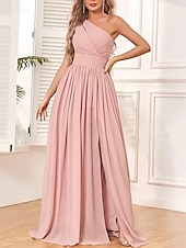 baratos Vestidos para Madrinhas-vestido de dama de honra em corte A, um ombro, sem mangas, elegante, longo, chiffon, com pregas / frente aberta / franzido 2025