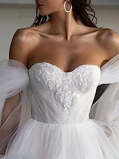 cheap Wedding Dresses-Beach Wedding Dresses A-Line Sweetheart Puff Sleeve Tulle Bridal Gowns With Ruched Details