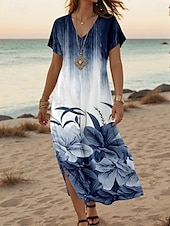 abordables Robe Fleurie-Femmes Robe maxi Robe Décontractée Robe Maxi Robe d&#039;Été Robe fourreau Élégant Occasionnel Épaules tombantes Vacances Quotidien Coupe régulière Fleuri Manche Courte Col en V bleu marine Printemps