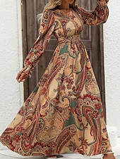 tanie Sukienki boho-Damskie Sukienka maxi Sukienki w stylu boho Sukienka Boho Elegancki Codzienny Urlop Codzienny Regularny Kwiaty Długi rękaw W serek Czarny Zielony Khaki Wiosna Jesień