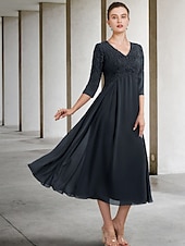 cheap Floor Length-A-Line Mother of the Bride Dress Wedding Guest Elegant Plus Size V Neck Tea Length Chiffon Lace 3/4 Length Sleeve with Ruffles Appliques 2025 free custom size