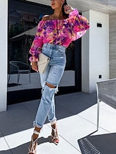 economico Top Grafici da Donna-Per donna Camicia Blusa Floreale A foglia Moda Informale Manica lunga Senza spalline Top regolari Giornaliero Con balze Stampa Giallo Rosa Viola Verde Estate Primavera
