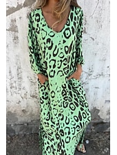levne Tisknout květinové šaty-Dámské Maxi šaty Volnočasové šaty Boho Chic šaty Čechy Na běžné nošení Cikánský Dovolená Denní Plážové Volný Leopard 3/4 délka rukávu Do V Vodní modrá Trávová zelená Léto Jaro