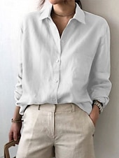 economico Camicie-Per donna Camicia Camicie di cotone e lino Abbottonare Blusa Tinta unica Elegante Casual Manica Lunga Colletto a Camicia Top Regolari Quotidiano Bottoni Bianco Rosa Estate Primavera