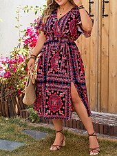 halpa Boho-mekot-Naisten Pitkä mekko Maxi mekko Rento mekko A linjainen mekko Kesämekko Boho-mekko Tyylikäs Havaijilainen Loma Päivittäin Deitti Ylisuuret Kukka Lyhythihainen Solmittava kaula Rubiini Kesä