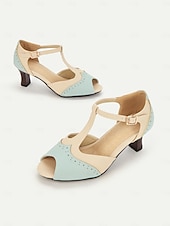 cheap 1930s-Women&#039;s Vintage Colorblock T-Strap Peep-Toe Heels – Elegant Mid Heel Sandals with Buckle Closure for Office, Casual &amp; Formal Occasions