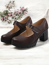 cheap Platform Heels-Women&#039;s Brown Mary Jane Heels with Velcro Strap – Comfortable Chunky Heeled Shoes for Casual and Everyday Wear