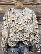 billige Blomstrete topper-Dame Genser med genser Blomstret Fritid Langermet Crew-hals Vanlige topper Gate Hverdag Trykt mønster Beige Høst Vinter