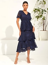 preiswerte Einfaches Kleid-Damen Maxidress A Linie Kleid Elegant Ausgefallene Flattrige Ärmel kleid hochzeitsgast Cocktailparty Regular Fit Glatt Kurzarm V Ausschnitt Dunkelblau Sommer