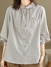 voordelige Overhemden-Dames Overhemd Katoenen linnen overhemden Knoop omhoog Blouse Gestreept Stijlvol Casual Lange mouw Overhemdkraag Normale tops Dagelijks Knop Afdrukken Zwart Wit Zomer Lente Herfst