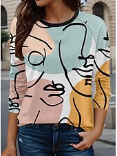 cheap Art&amp;Design tee-Women&#039;s T Shirt Casual Long Sleeve Crew Neck Long Tops Daily Print Blue Fall Winter