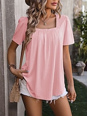 cheap T-shirts-Women&#039;s Boho T-shirt Plain Bohemia Stylish Basic Short Sleeve Puff Sleeve Square Neck Regular Tops Daily Going out Weekend Dressy Tunic Black White Light Green Pink Royal Blue Summer