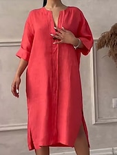 preiswerte Kleider-Damen Langes Kleid Maxikleid Leinen-inspirierte Kleider Freizeitkleid Stilvoll Lässig Urlaub Täglich Date Normale Passform Einfach Langarm V Ausschnitt Schwarz Hellgrün Rosa Rote Sommer Frühling