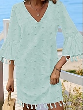 preiswerte Weiße Spitzenkleider-Damen Minikleid Weißes Kleid Brautkleider schlicht Ausgestellter Ärmel Urlaub Täglich Lockere Passform 3/4 Ärmel V Ausschnitt Weiß Hellgrün Sommer