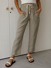 baratos Calça de linho de algodão simples-Mulheres Calças de linho de algodão Calças Leve Casual Mimolet Cintura Média Tecido Bolsos Com Cordão Respirabilidade Confortável Sem Elasticidade Casual / Diário Final de semana Azul de céu claro