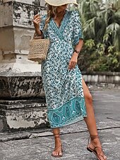 olcso Alkalmi virágos ruhák-Női Midi ruha hétköznapi ruha A vonalú ruha nyári ruha Boho ruha Hawaii Stílusos Vakáció Napi Randi Normál Virágos Rövid ujjú V-alakú Sötétzöld Nyár
